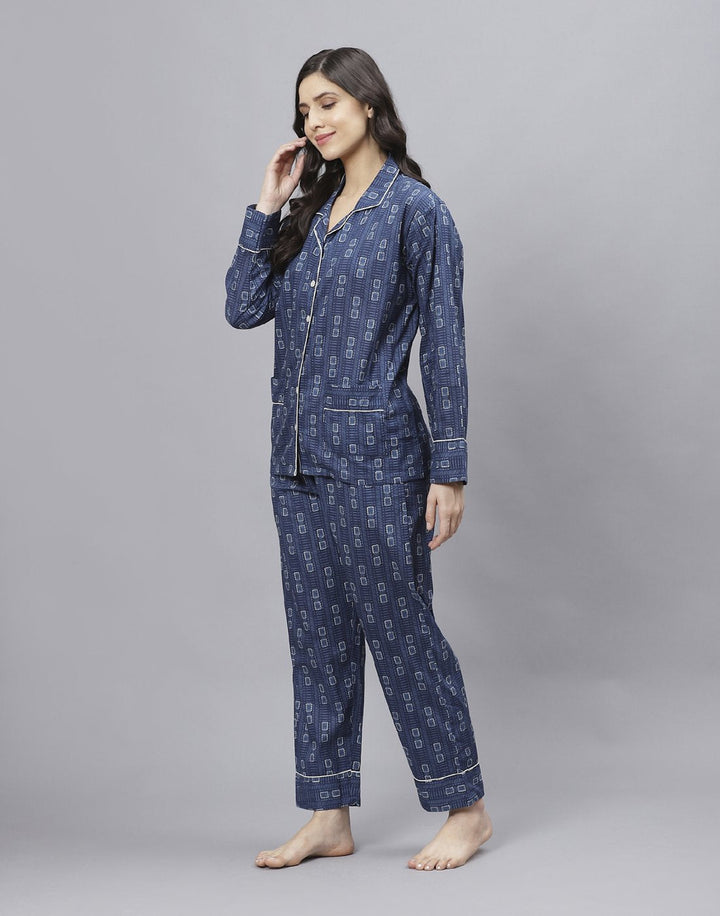 Navy Blue Cotton Printed Comfort Wear