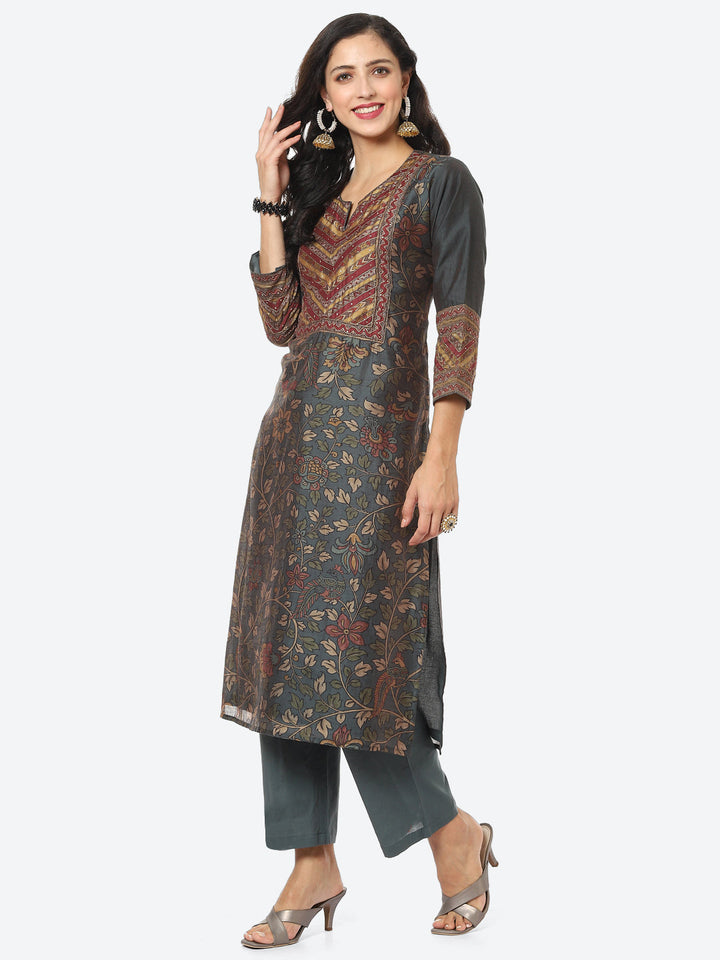 Floral Printed Chanderi Kurti With Pant