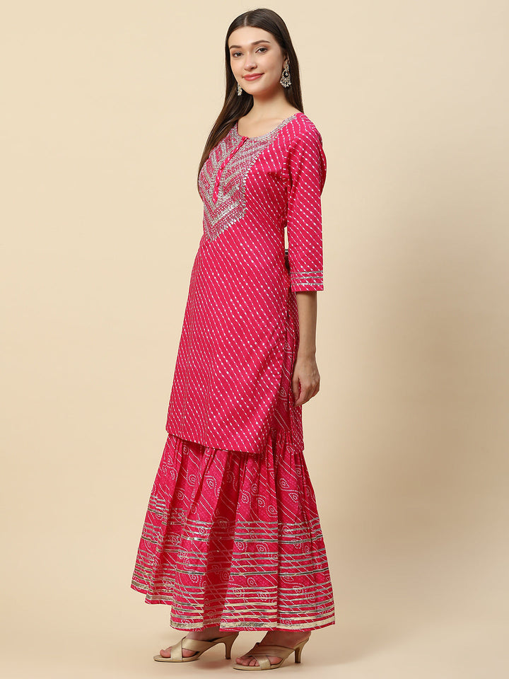 Leheriya Printed &amp; Embroidered Cotton Kurta With Sharara