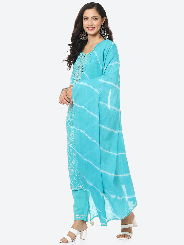 Resham Mirror Booti Cotton Kurta With Pant &amp; Chinone Dupatta