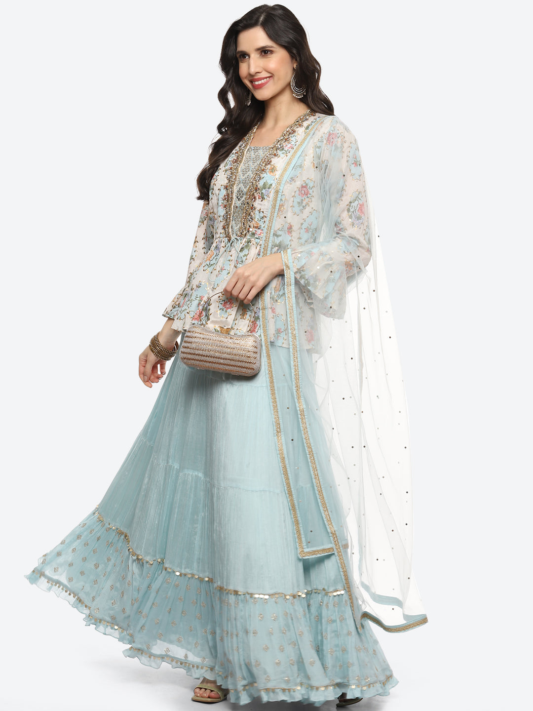 Resham Embroidered Crepe Choli Jacket With Lehenga &amp; Dupatta