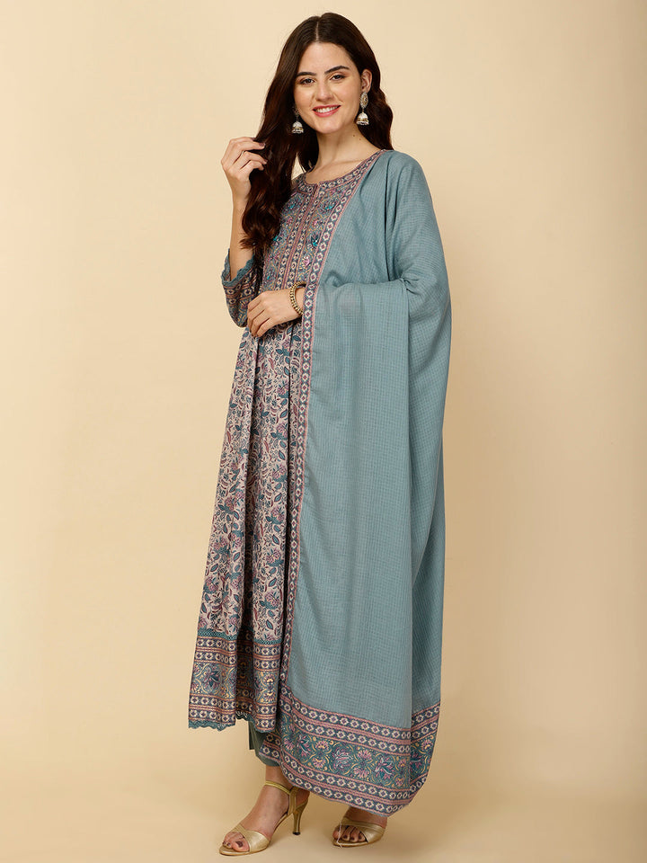 Floral Block Printed Anarkali Kurta With Pants &amp; Dupatta