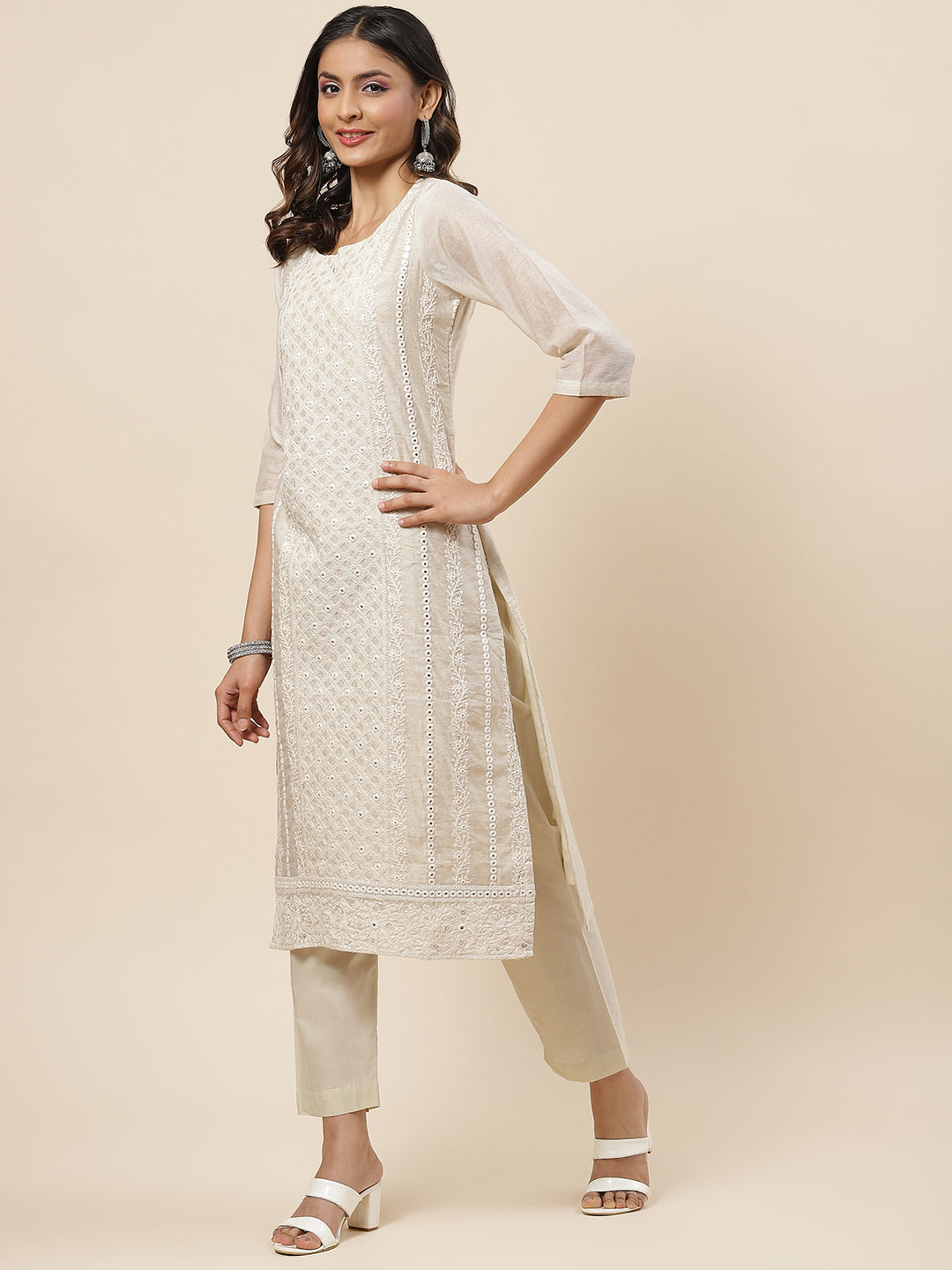 Embroidered Chanderi Kurta With Pants