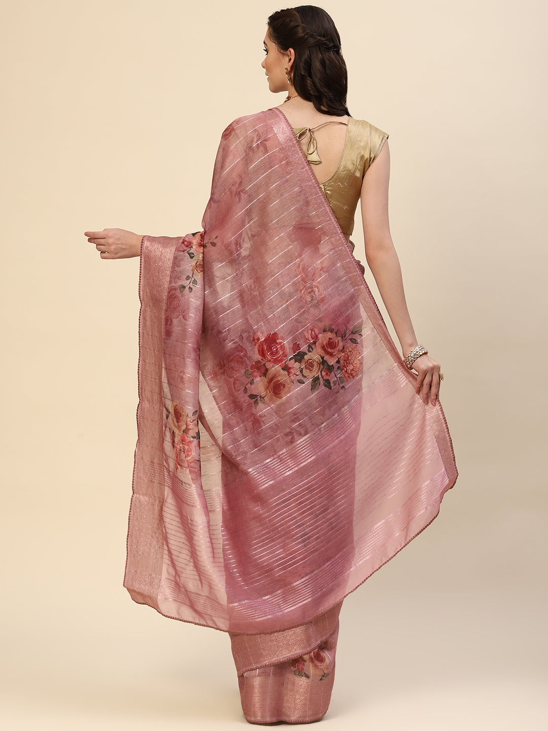 Digital Floral Printed Sequin Cotton Saree