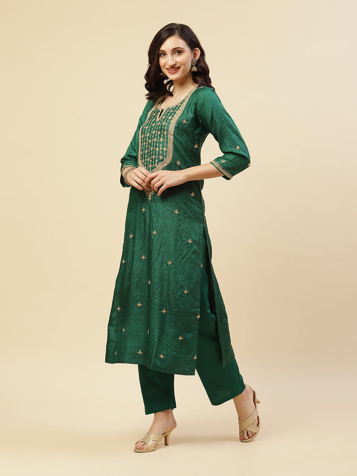 Embroidered Tussar Kurti With Pant