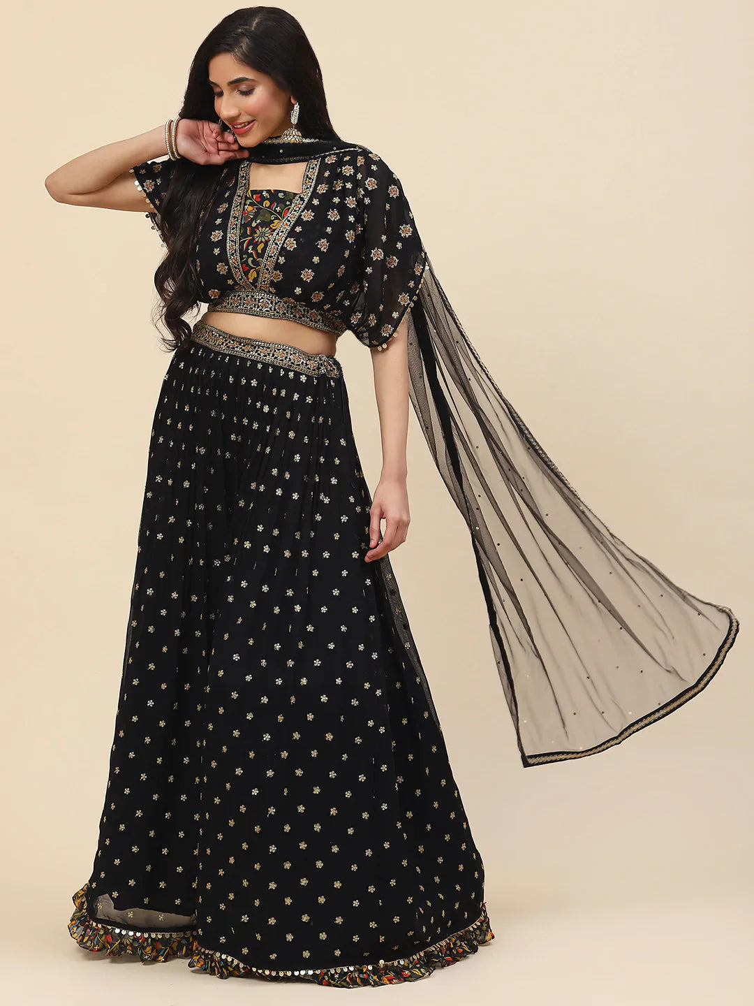 Sequin Embroidered Georgette Choli With Lehenga &amp; Dupatta