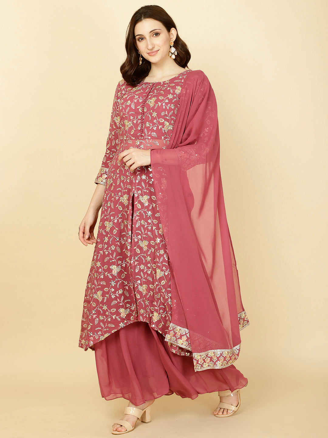 Resham Sequin Embroidery Georgette Kurta With Sharara &amp; Dupatta