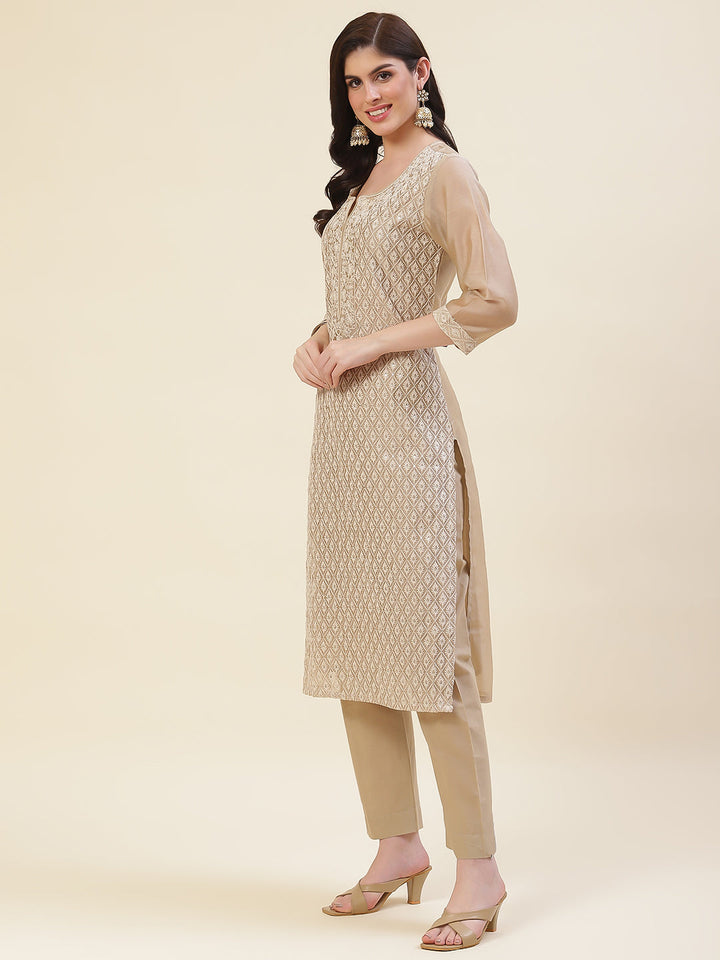 Embroidered Chanderi Cotton Kurta With Pants
