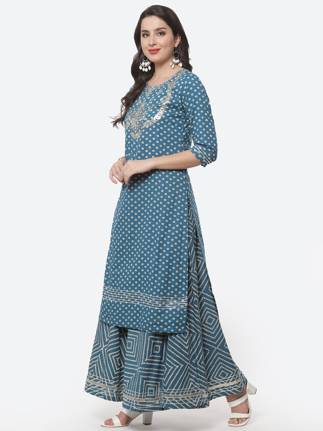 Printed Gota Work Cotton Kurti With Bandhani Printed Skirt