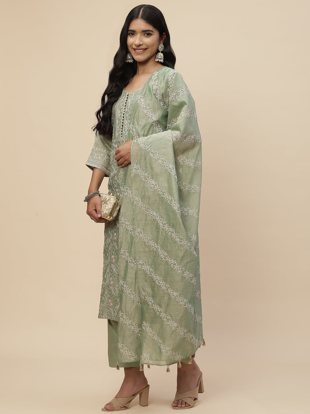 Zari Embroidered Cotton Kurta With Pants &amp; Dupatta