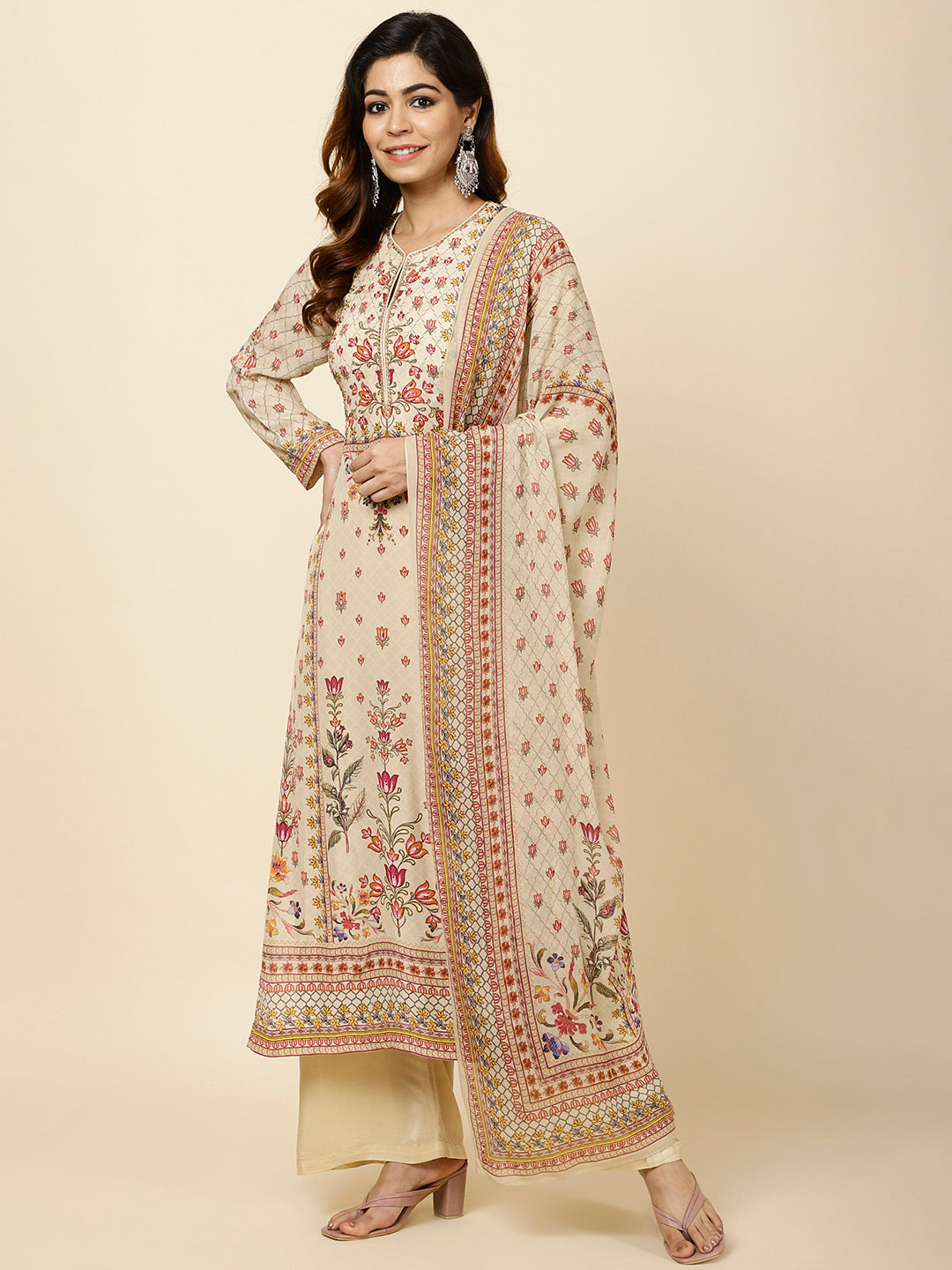 Digital Floral Printed Crepe Kurta With Palazzo &amp; Dupatta