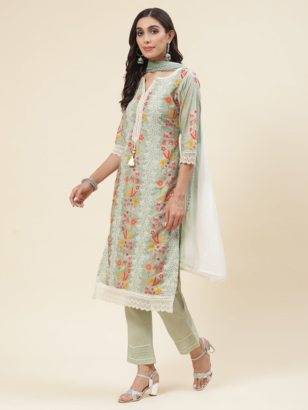 Floral Printed & Embroidered Cotton Kurta With Pants & Dupatta