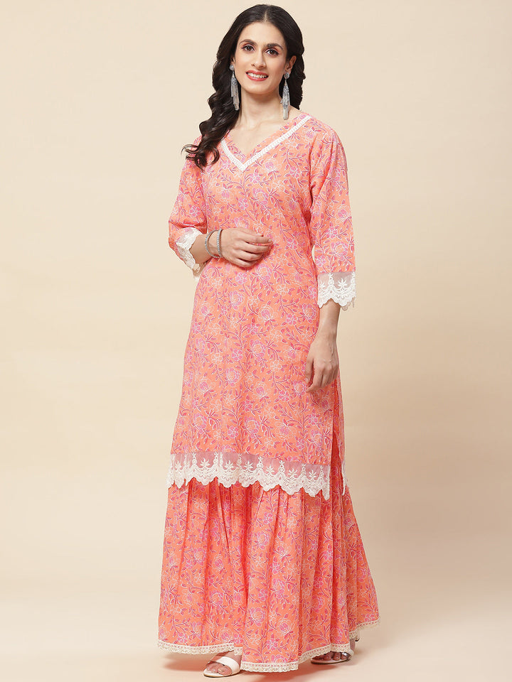 Floral Printed Cotton Kurta With Sharara