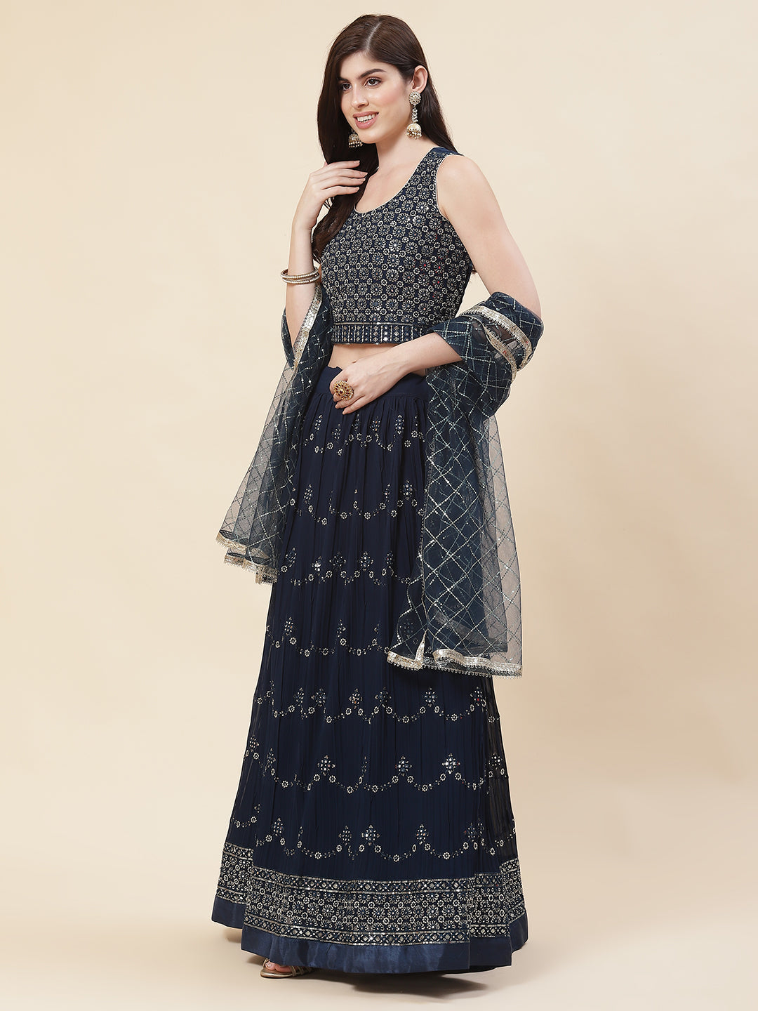 Embroidered Georgette Choli With Lehenga &amp; Dupatta