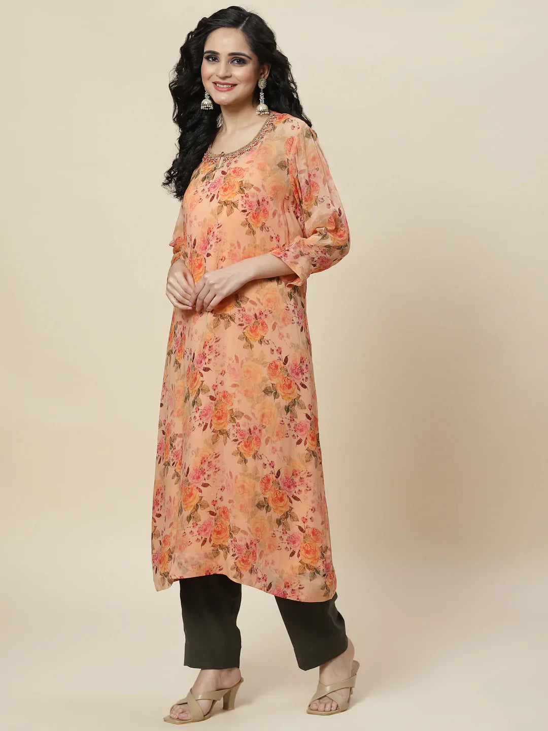 Floral Printed Organza Kurta With Palazzo &amp; Inner