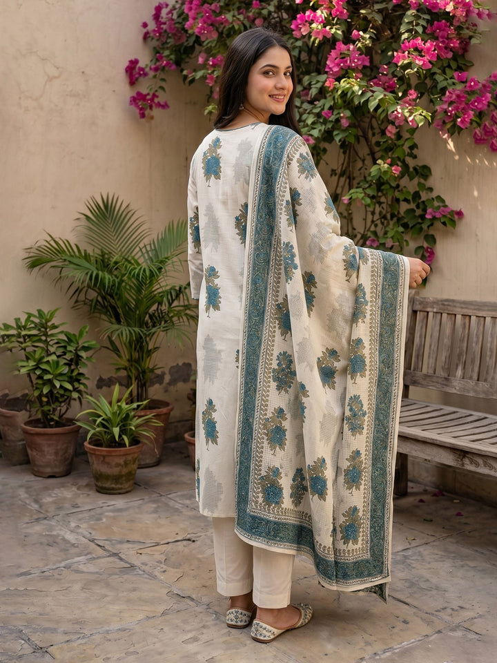 Teal Blue Embroidered Cotton Blend Straight V Neck Suit Set