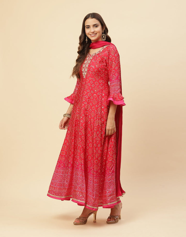 Bandhini Printed Handloom Dupion Salwar Kameez Stitched Suit With Art Silk Dupatta