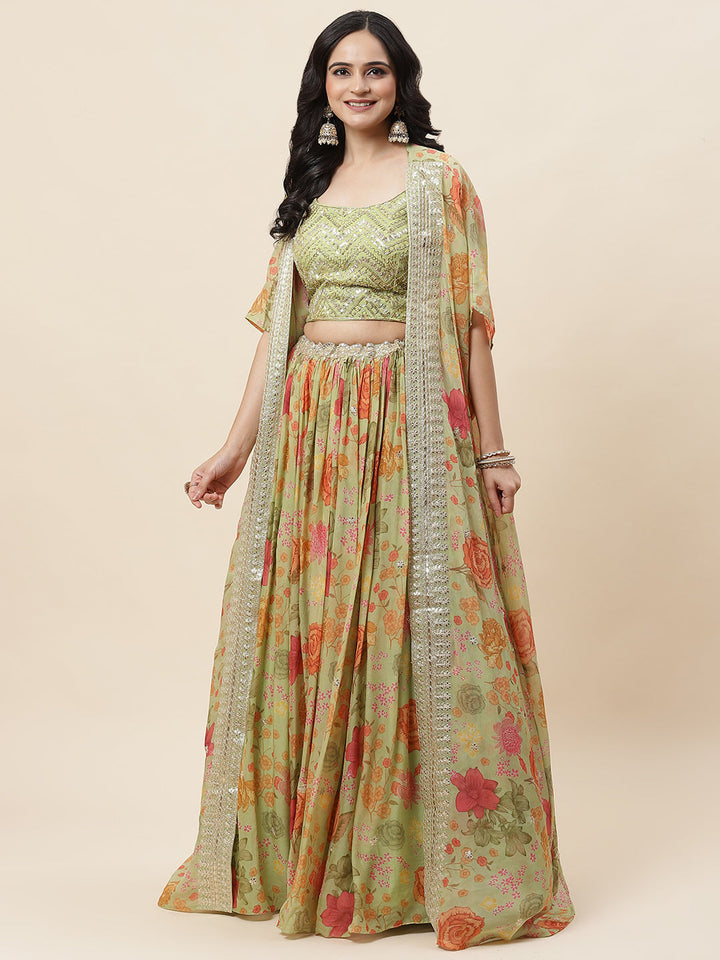 Floral Printed Organza Choli With Lehenga &amp; Cape