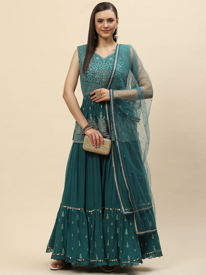 Resham Zari Embroidered Georgette Peplum Choli With Lehenga &amp; Dupatta