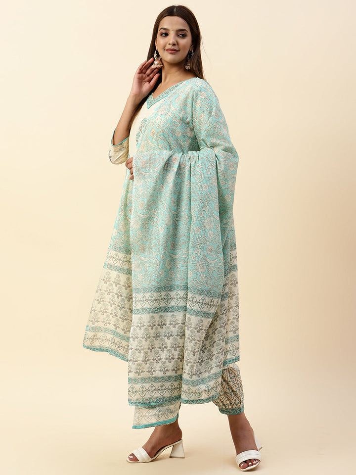 Printed Cotton Kurta With Pants &amp; Dupatta