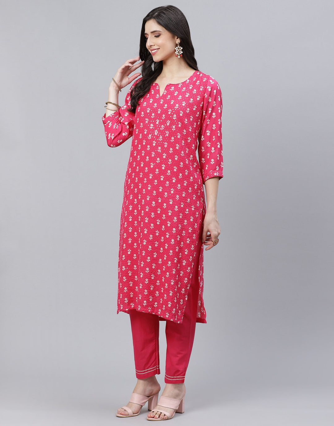Printed Cotton Kurti Pant Set with Sequin Detail