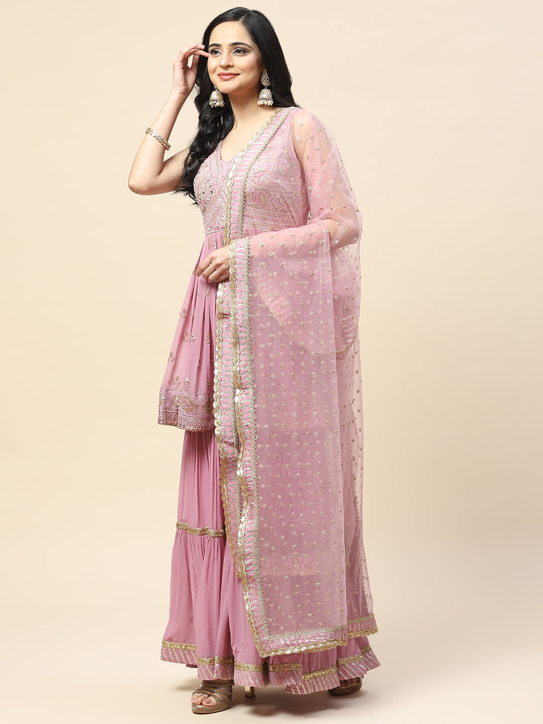 Resham Sequin Embroidered Georgette Kurta With Palazzo &amp; Dupatta
