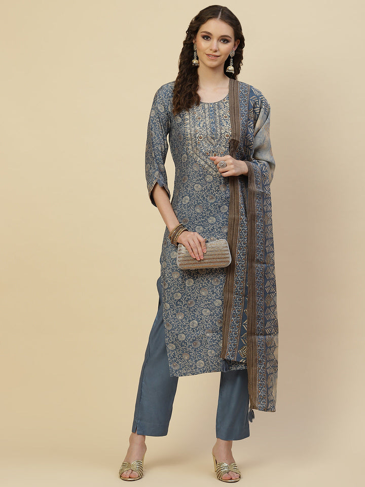 Floral Printed Cotton Kurta With Pants &amp; Dupatta