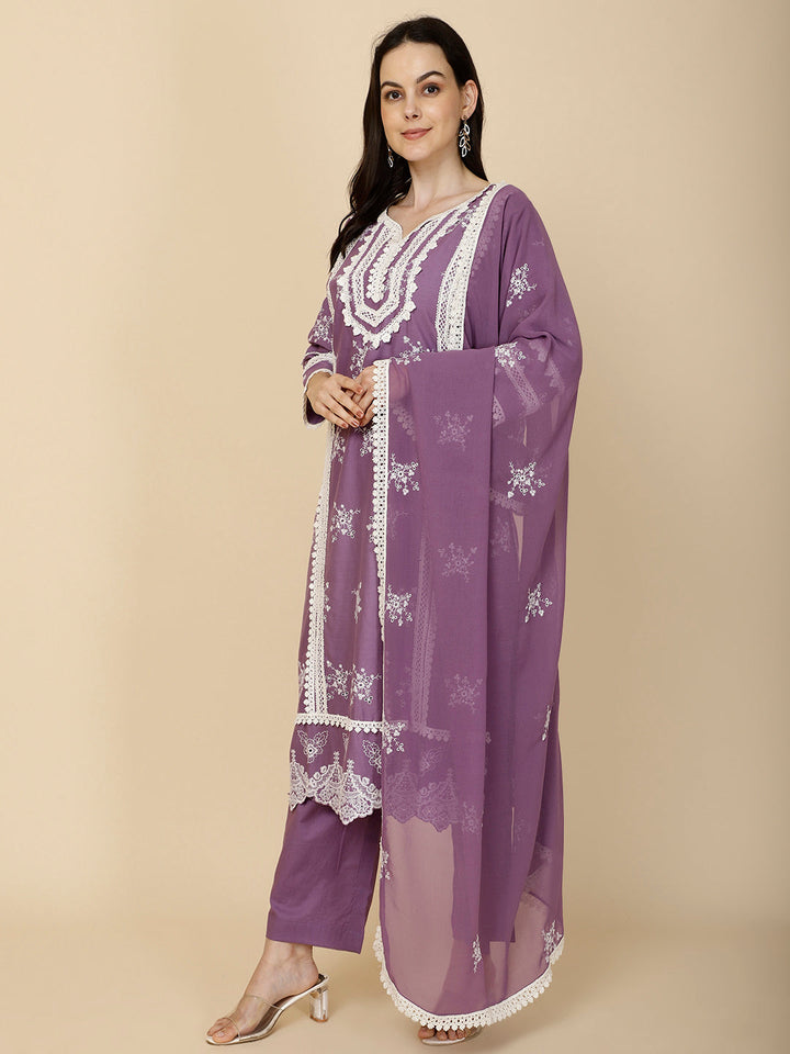 Embroidered Cotton Suit Set With Dupatta