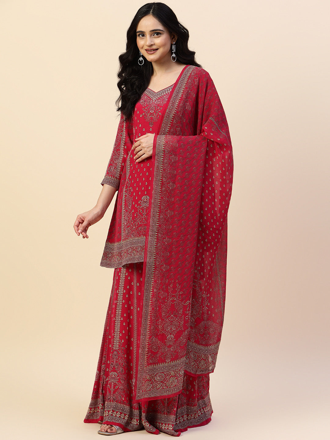 Digital Printed Crepe Kurti With Sharara &amp; Dupatta