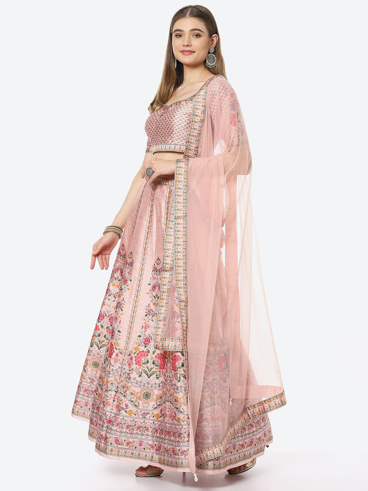 Floral Digital Printed Art Tussar Silk Choli With Lehenga &amp; Net Dupatta