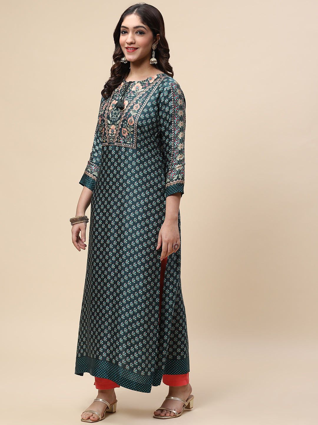 Zari Neck Embroidered &amp; Printed Satin Kurta