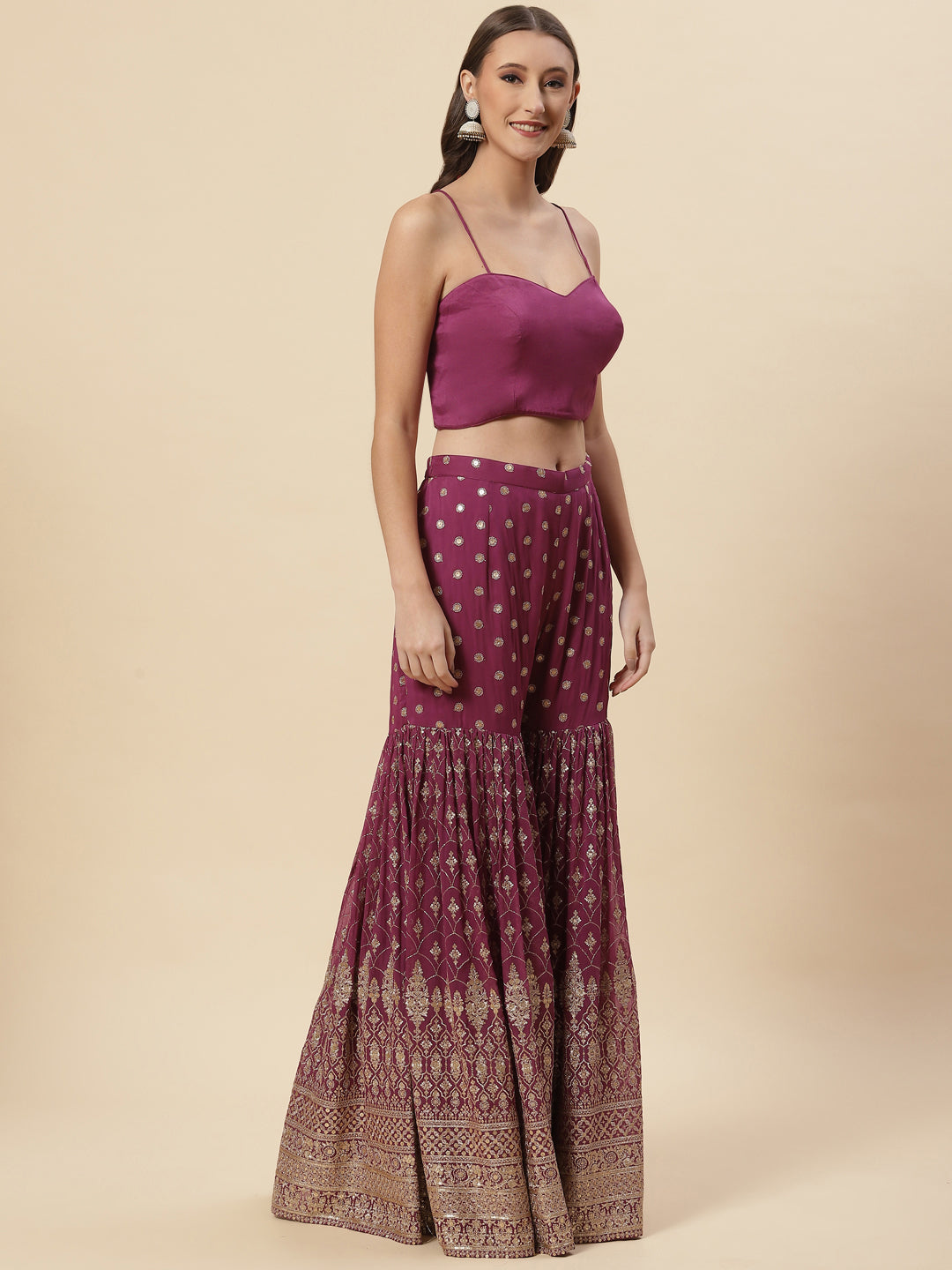 Sequin Resham Embroidered Georgette Crop Top With Jacket Garara &amp; Dupatta