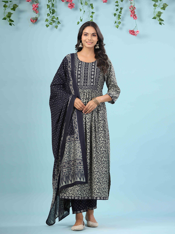 Printed Cotton Kurta With Pants &amp; Dupatta