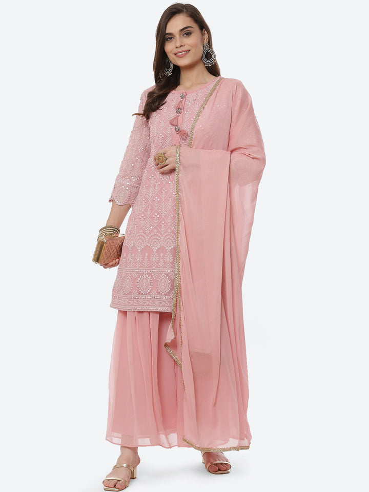 Resham Jaal Georgette Kurta With Garara &amp; Chiffon Dupatta