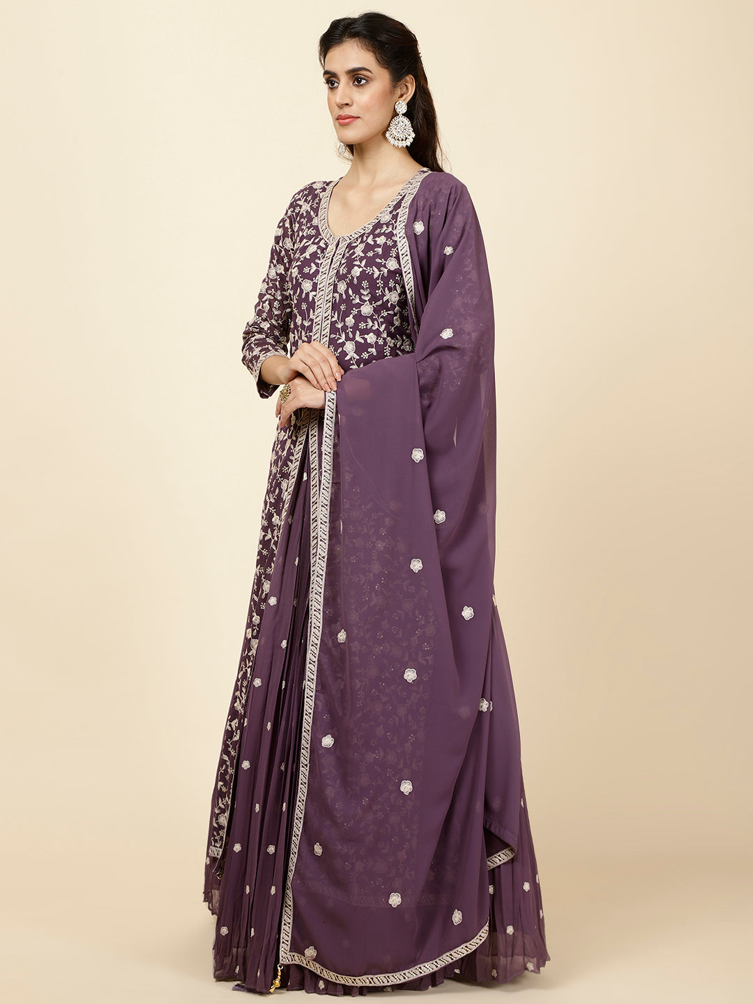 Embroidered Georgette Kurta With Skirt &amp; Dupatta