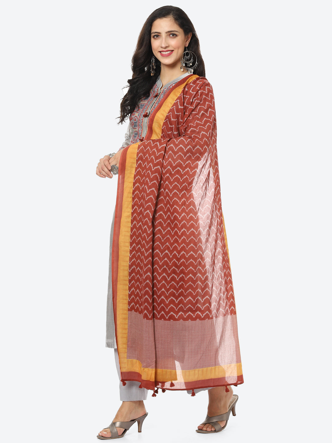 Embroidered Cotton Kurta With Pant &amp; Chanderi Dupatta