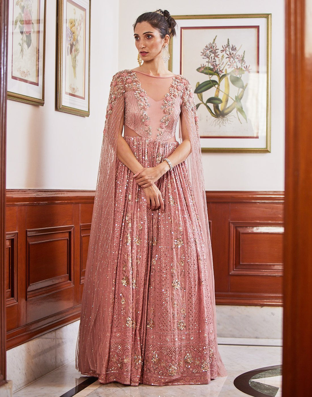 Sequence Embroidered Georgette Gown With Cape Sleeves