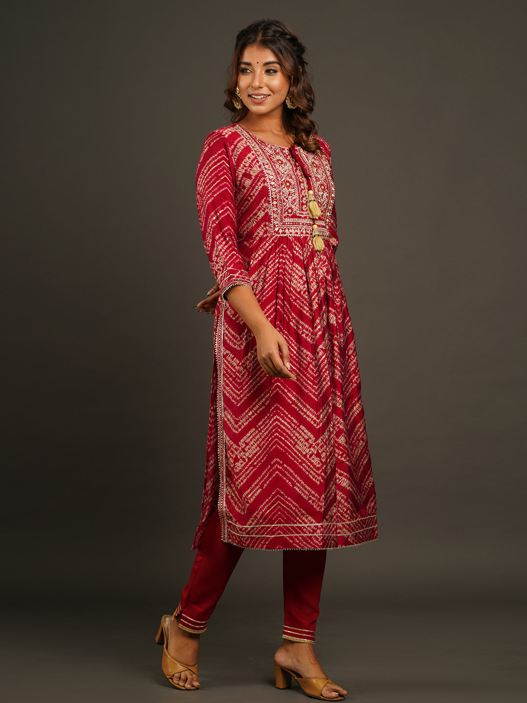 Neck Embroidered &amp; Printed Chanderi Kurta With Pants