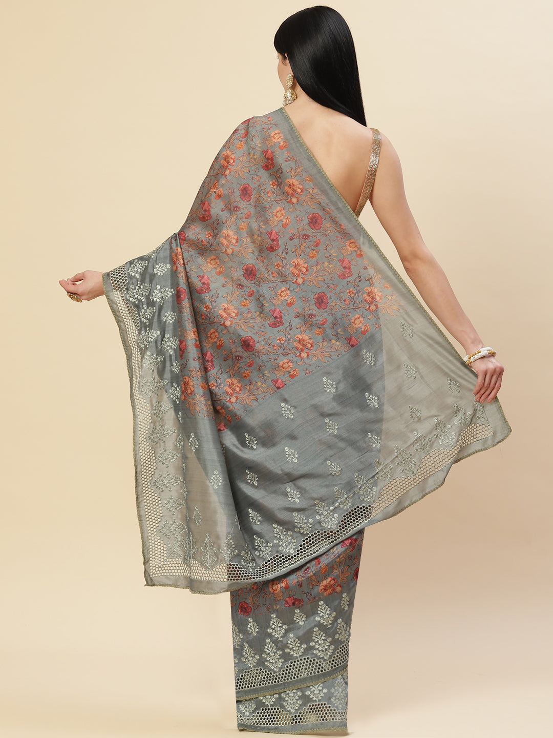 Floral Printed &amp; Embroidered Handloom Saree