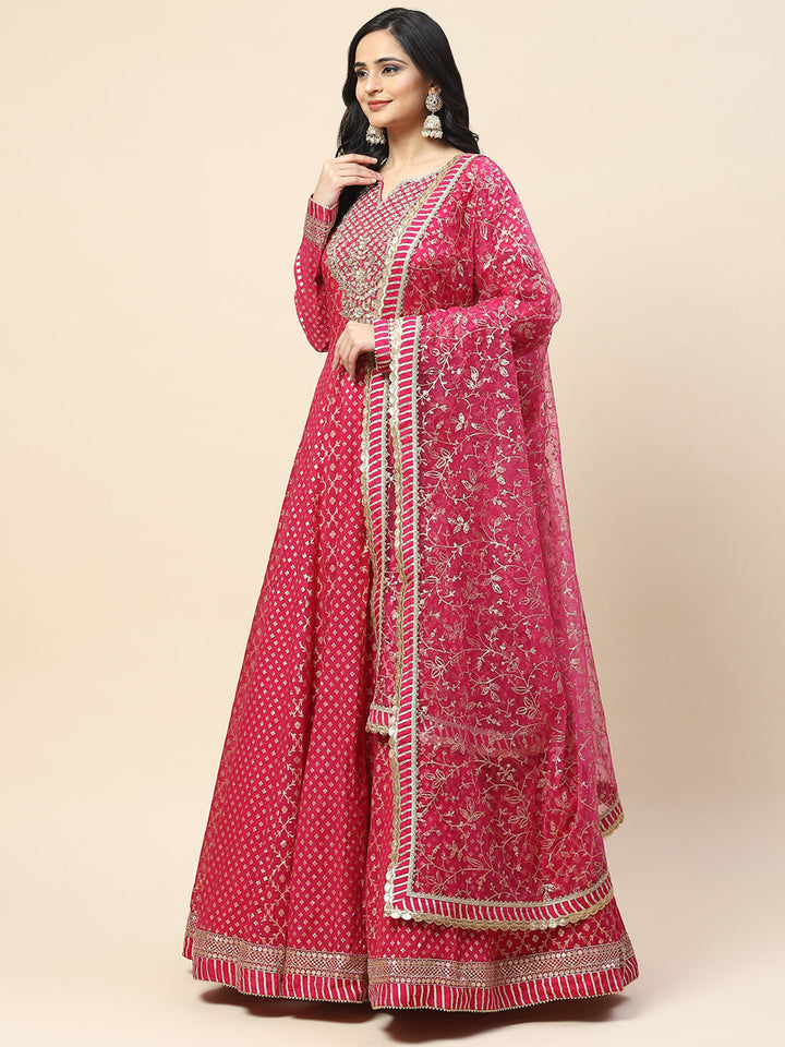 Zari Jaal Chanderi Anarkali Kurta With Churidar &amp; Dupatta