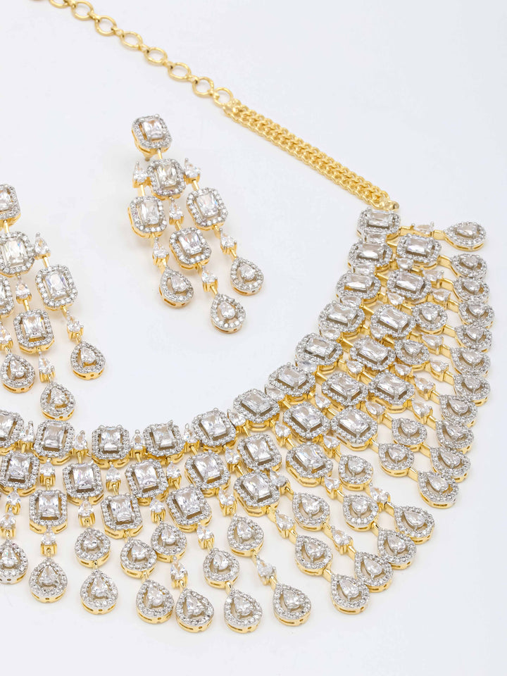 Golden White Stone Necklace With Earrings