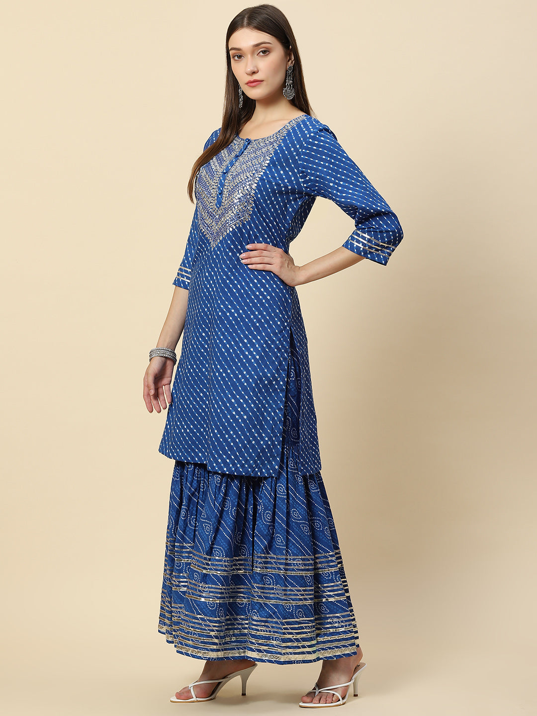 Leheriya Printed &amp; Embroidered Cotton Kurta With Sharara