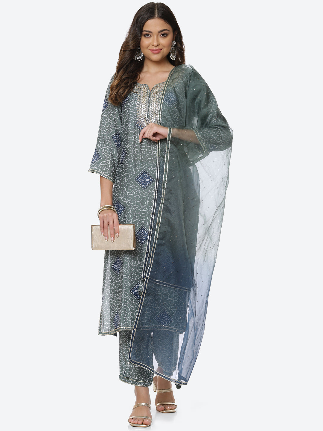 Printed Gota Neck Cotton Kurta With Pant &amp; Dupatta