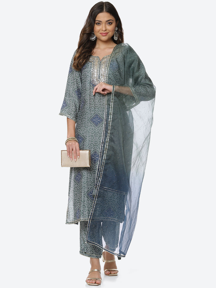 Printed Gota Neck Cotton Kurta With Pant &amp; Dupatta
