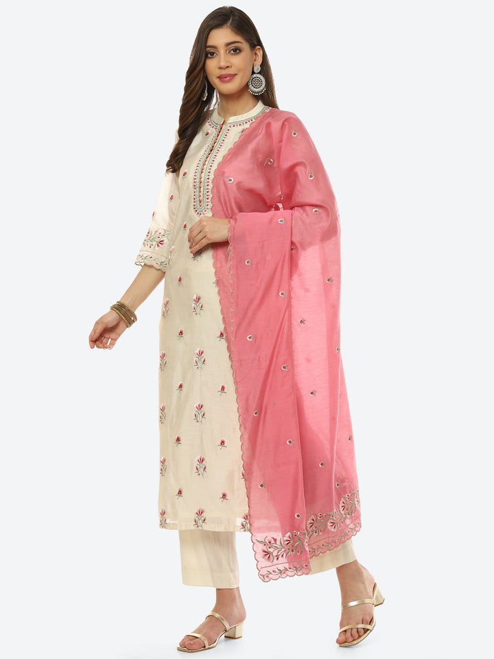 Resham Booti Cotton Kurta With Pant &amp; Dupatta