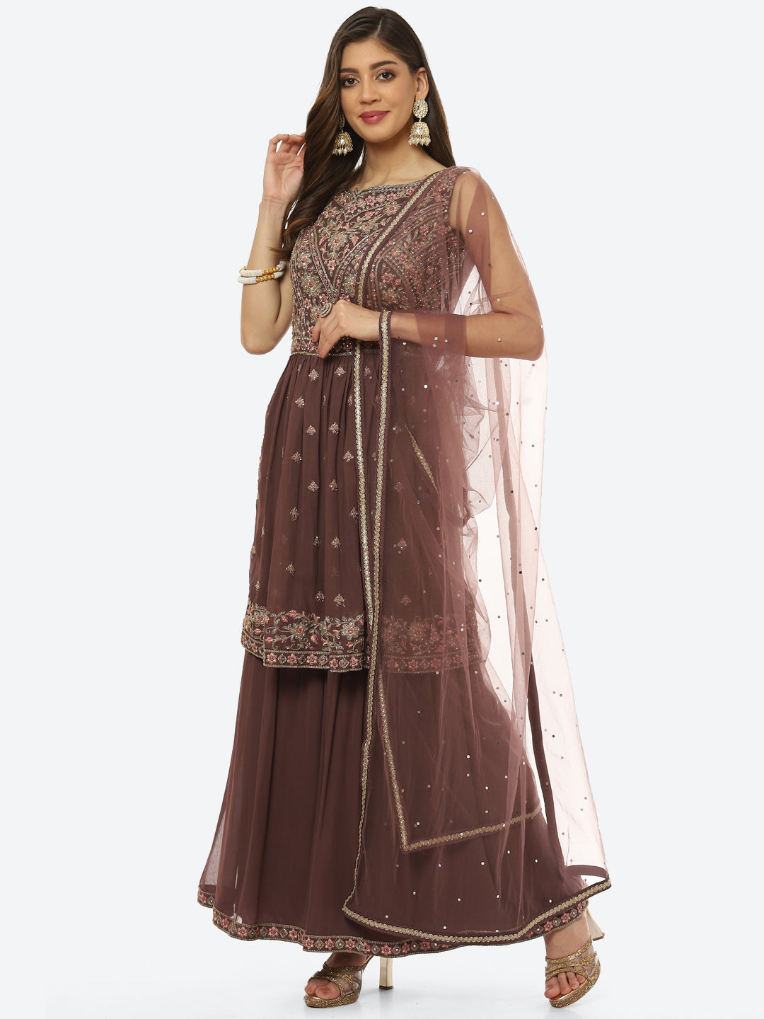 Embroidered Art Georgette Kurti With Sharara And Net Dupatta