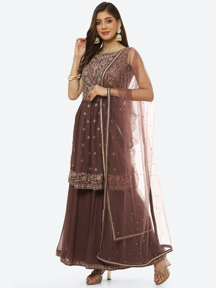 Embroidered Art Georgette Kurti With Sharara And Net Dupatta