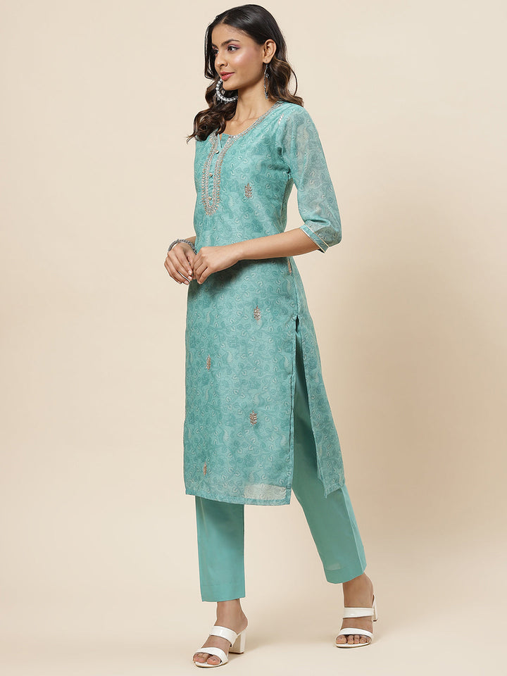 Printed &amp; Neck Embroidered Chanderi Kurta With Pants