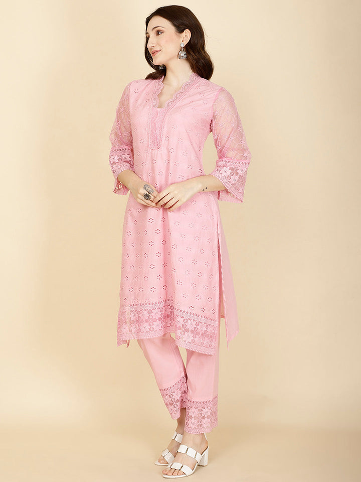 Thread Embroidery Cotton Kurta With Pants