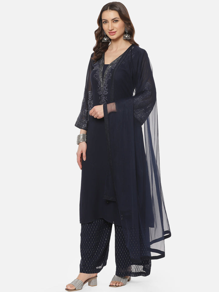 Solid Sequence Georgette Stitched Salwar Kameez With Net Dupatta
